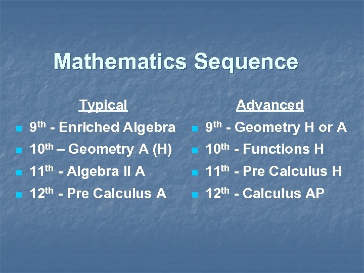 Mathematics Sequence Typical Advanced n 9 th - Enriched Algebra n 9 th -