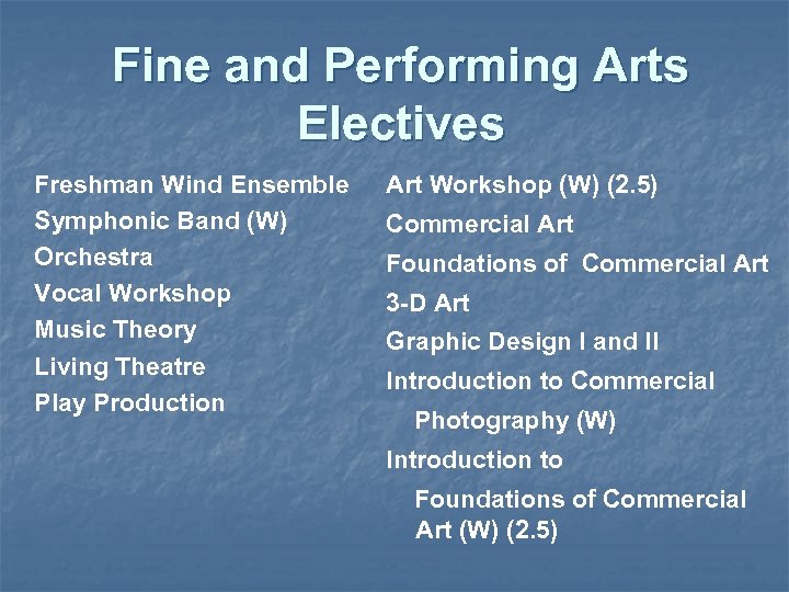 Fine and Performing Arts Electives Freshman Wind Ensemble Symphonic Band (W) Orchestra Vocal Workshop