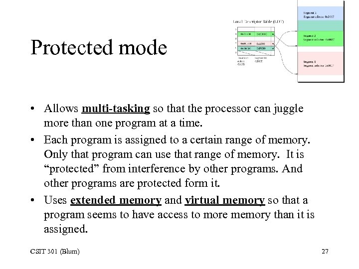 Protected mode • Allows multi-tasking so that the processor can juggle more than one