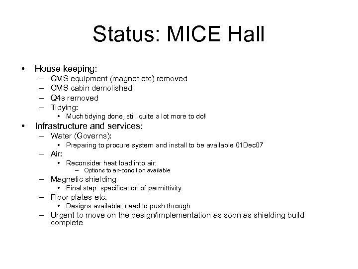 Status: MICE Hall • House keeping: – – CMS equipment (magnet etc) removed CMS