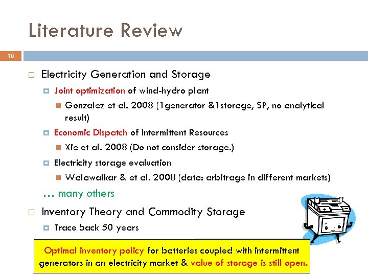 Literature Review 10 Electricity Generation and Storage Joint optimization of wind-hydro plant Gonzalez et