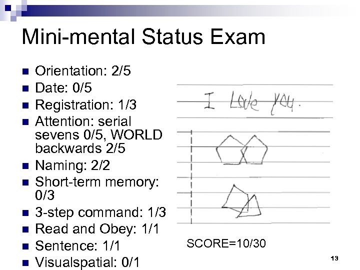 Mini-mental Status Exam n n n n n Orientation: 2/5 Date: 0/5 Registration: 1/3
