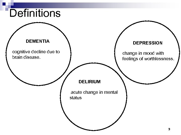 Definitions DEMENTIA DEPRESSION cognitive decline due to brain disease. change in mood with feelings