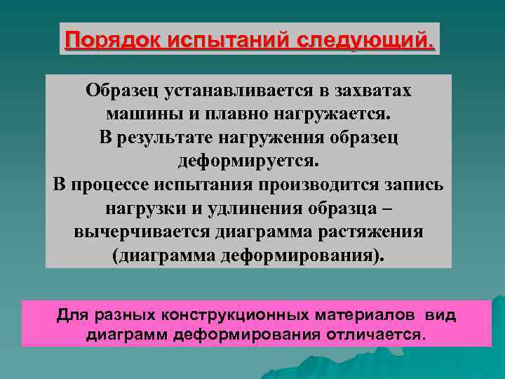 Порядок испытаний следующий. Образец устанавливается в захватах машины и плавно нагружается. В результате нагружения