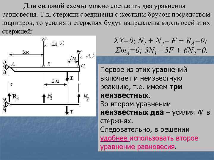 Для силовой схемы можно составить два уравнения равновесия. Т. к. стержни соединены с жестким