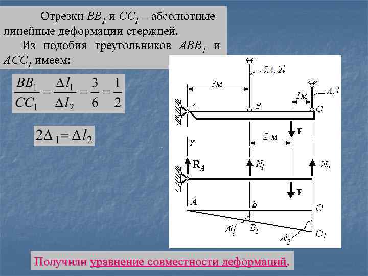 Отрезки ВВ 1 и СС 1 – абсолютные линейные деформации стержней. Из подобия треугольников