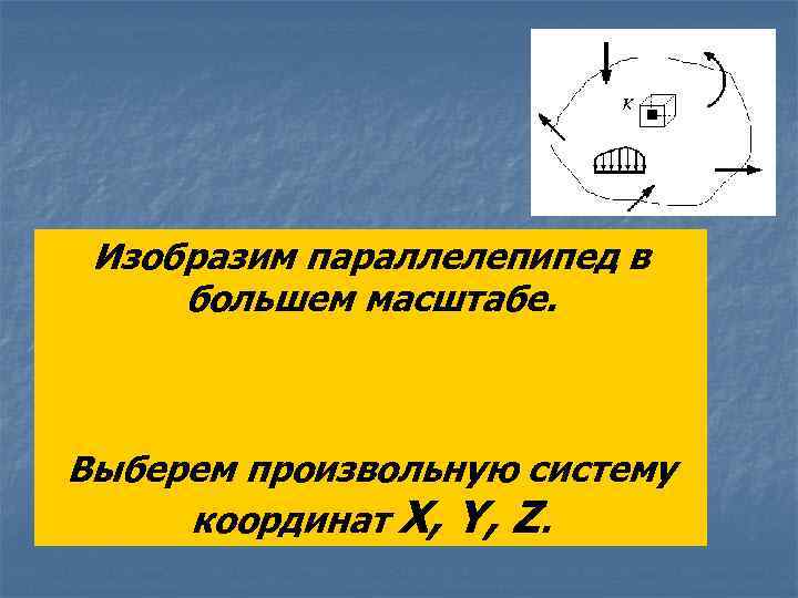 Изобразим параллелепипед в большем масштабе. Выберем произвольную систему координат X, Y, Z. 