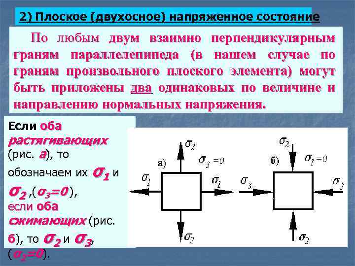 2) Плоское (двухосное) напряженное состояние По любым двум взаимно перпендикулярным граням параллелепипеда (в нашем