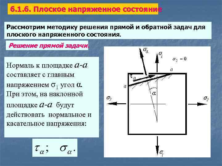 6. 1. 6. Плоское напряженное состояние Рассмотрим методику решения прямой и обратной задач для