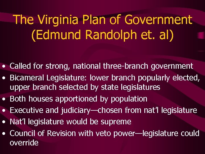 The Virginia Plan of Government (Edmund Randolph et. al) • Called for strong, national