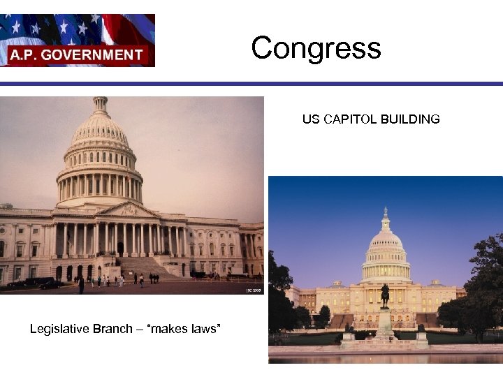 Congress US CAPITOL BUILDING Legislative Branch – “makes laws” 