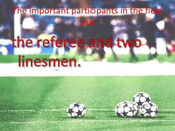 The important participants in the field are the referee and two linesmen. 