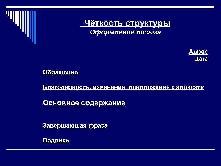 Чёткость структуры Оформление письма Адрес Дата Обращение Благодарность, извинение, предложение к адресату Основное содержание