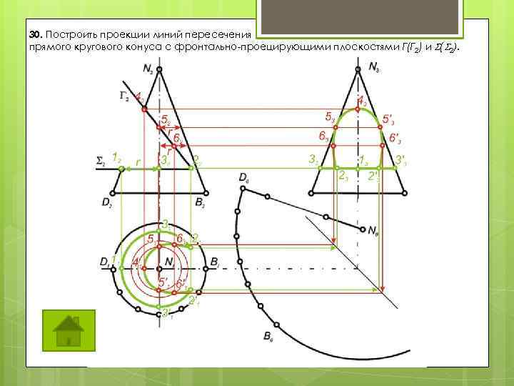 30. Построить проекции линий пересечения 30 прямого кругового конуса с фронтально-проецирующими плоскостями Г(Г 2)