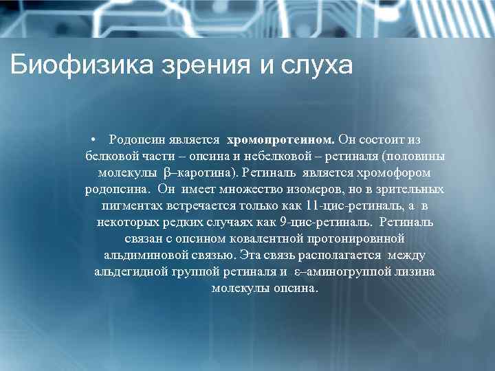 Биофизика зрения и слуха • Родопсин является хромопротеином. Он состоит из белковой части –