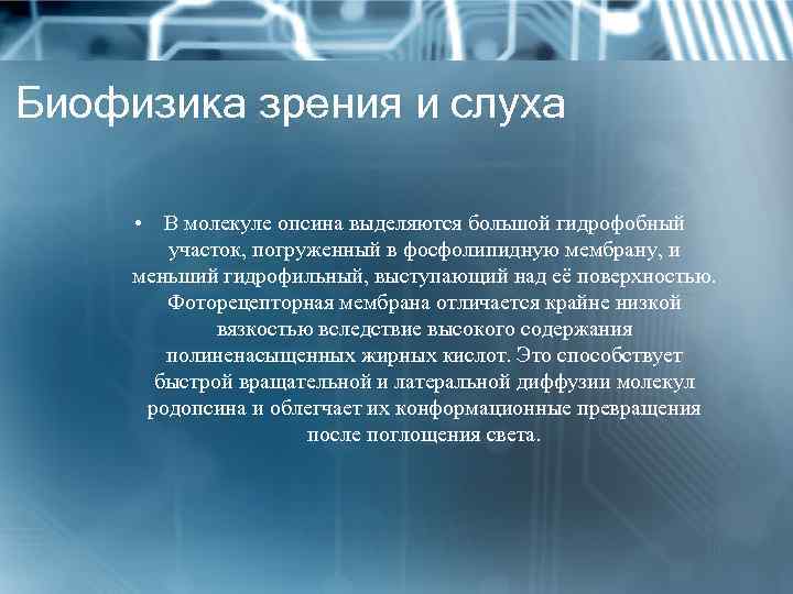 Биофизика зрения и слуха • В молекуле опсина выделяются большой гидрофобный участок, погруженный в