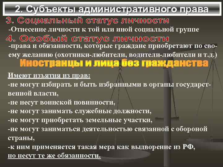 2. Субъекты административного права -Отнесение личности к той или иной социальной группе -права и