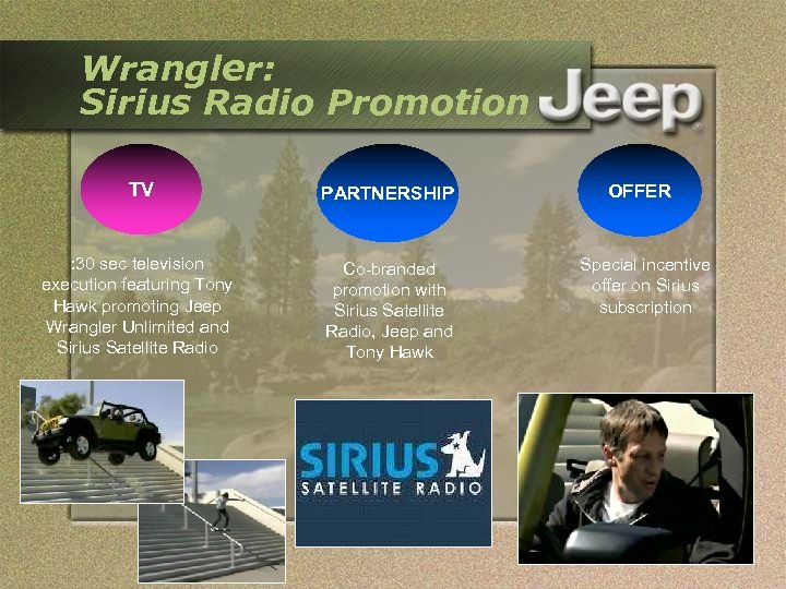 Wrangler: Sirius Radio Promotion TV PARTNERSHIP : 30 sec television execution featuring Tony Hawk