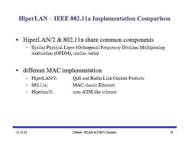 Hiper. LAN – IEEE 802. 11 a Implementation Comparison • Hiper. LAN/2 & 802.