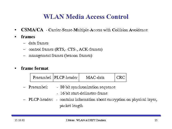 WLAN Media Access Control • CSMA/CA - Carrier-Sense-Multiple-Access with Collision Avoidence • frames –