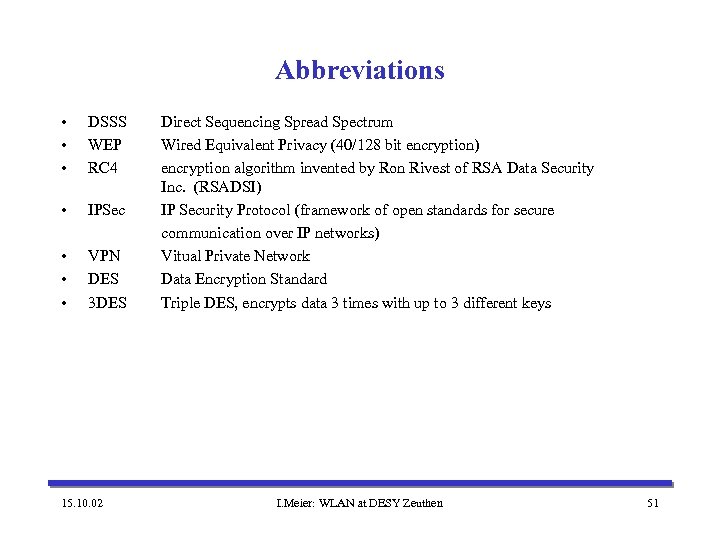 Abbreviations • • • DSSS WEP RC 4 • IPSec • • • VPN
