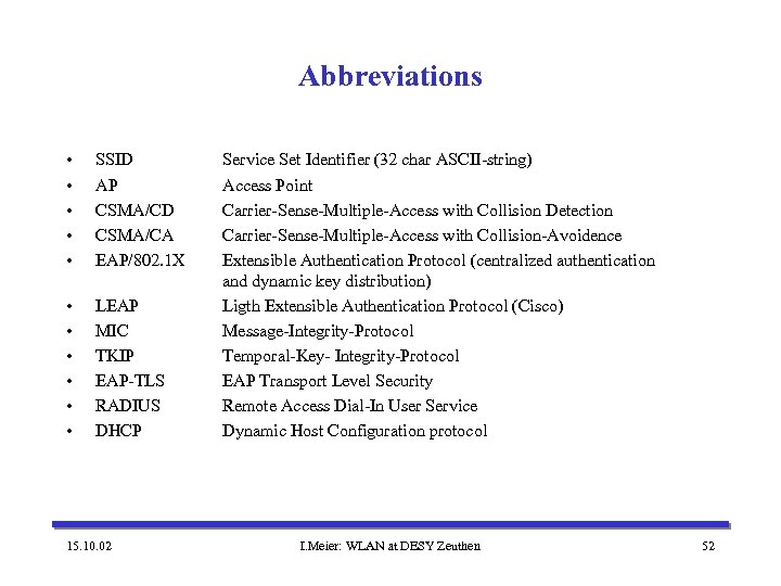Abbreviations • • • SSID AP CSMA/CD CSMA/CA EAP/802. 1 X • • •