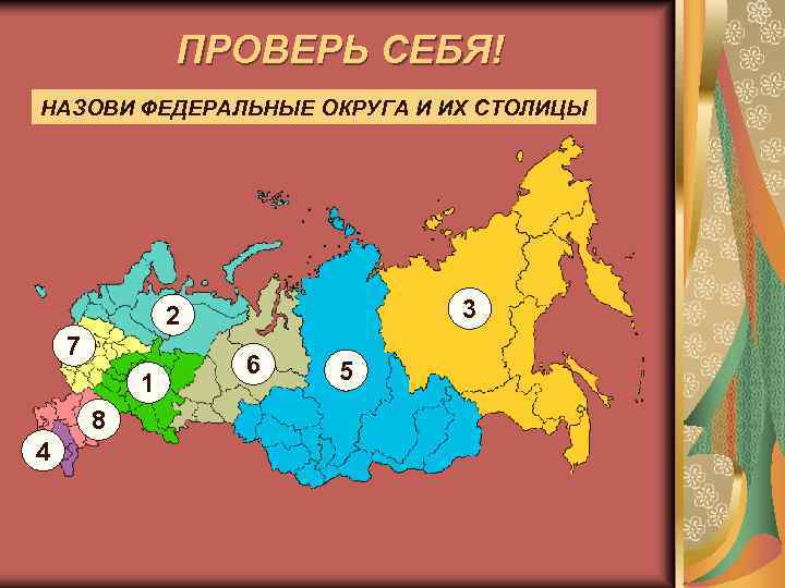 ПРОВЕРЬ СЕБЯ! НАЗОВИ ФЕДЕРАЛЬНЫЕ ОКРУГА И ИХ СТОЛИЦЫ 3 2 7 1 8 4