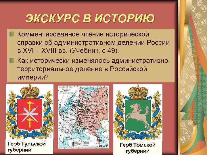 ЭКСКУРС В ИСТОРИЮ Комментированное чтение исторической справки об административном делении России в XVI –