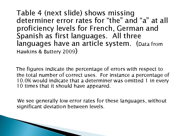 Table 4 (next slide) shows missing determiner error rates for “the” and “a” at