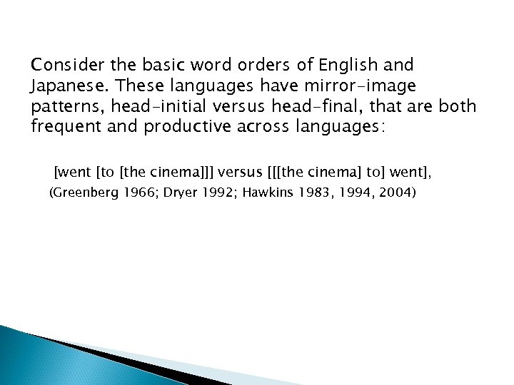 Consider the basic word orders of English and Japanese. These languages have mirror-image patterns,