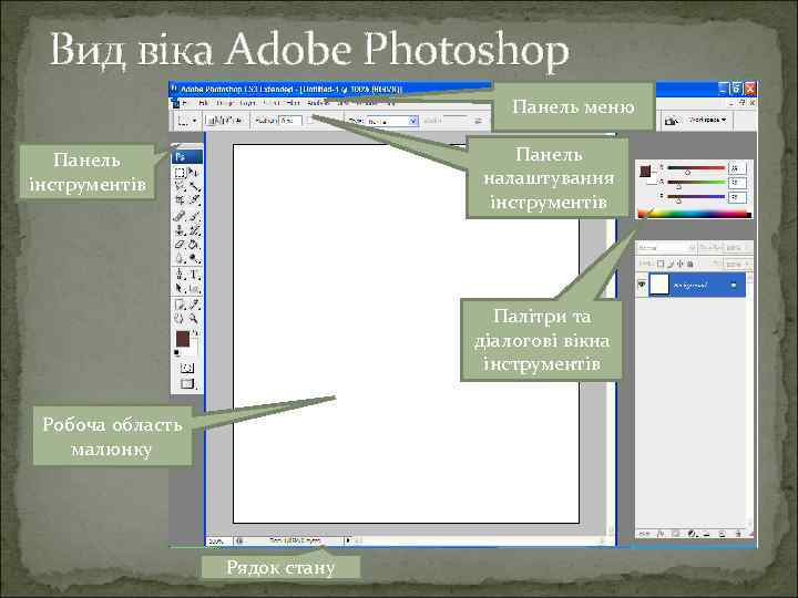 Вид віка Adobe Photoshop Панель меню Панель налаштування інструментів Панель інструментів Палітри та діалогові