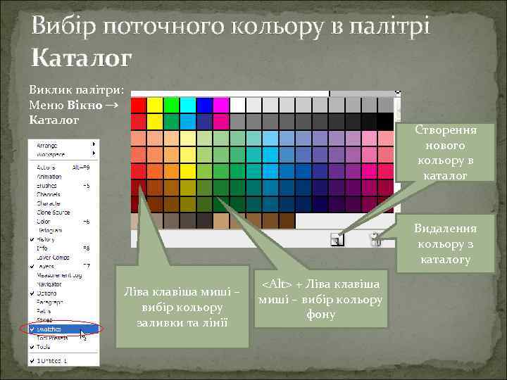 Вибір поточного кольору в палітрі Каталог Виклик палітри: Меню Вікно → Каталог Створення нового