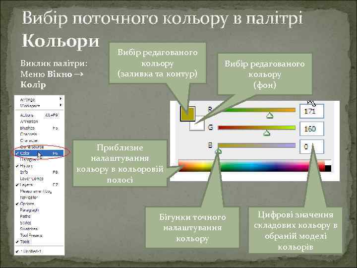 Вибір поточного кольору в палітрі Кольори Вибір редагованого Виклик палітри: Меню Вікно → Колір