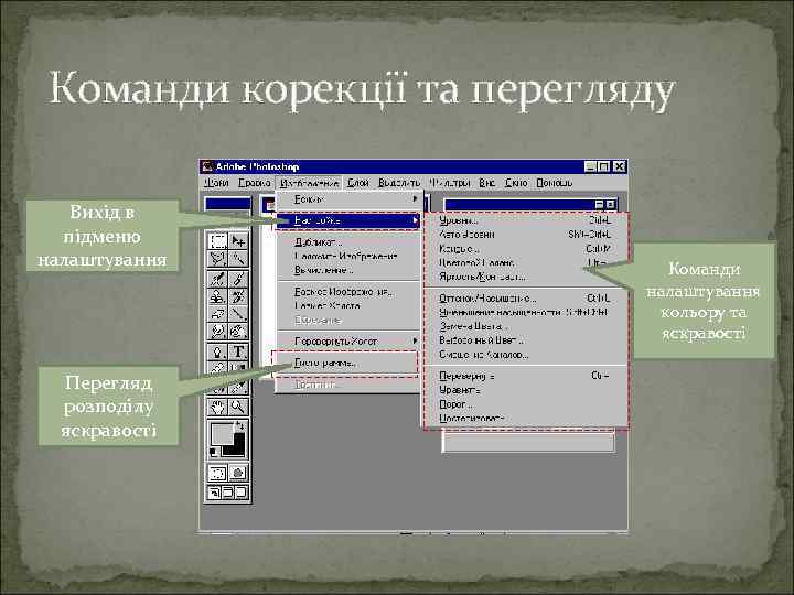 Команди корекції та перегляду Вихід в підменю налаштування Перегляд розподілу яскравості Команди налаштування кольору