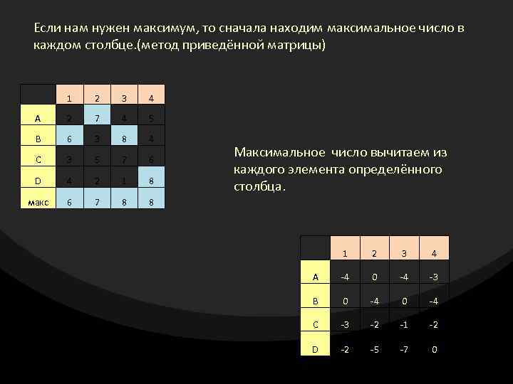 Если нам нужен максимум, то сначала находим максимальное число в каждом столбце. (метод приведённой