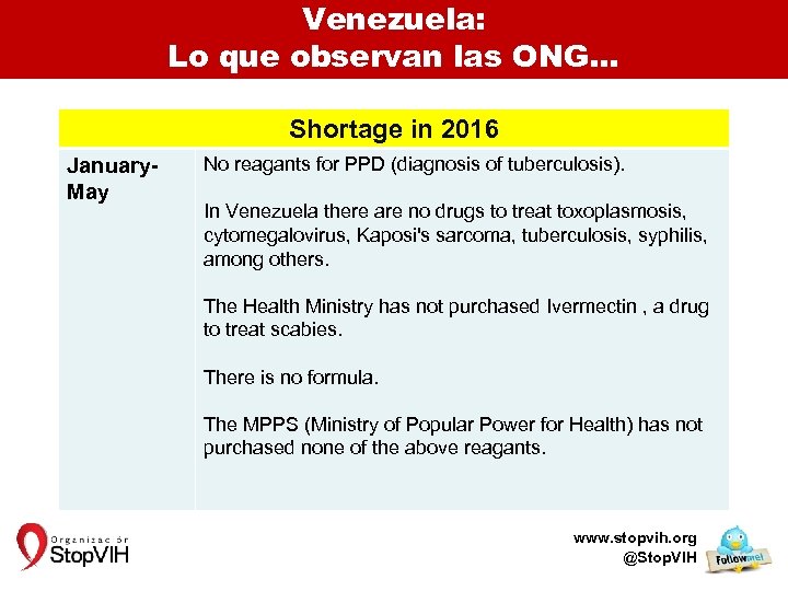 Venezuela: Lo que observan las ONG… January. May Shortage in 2016 No reagants for