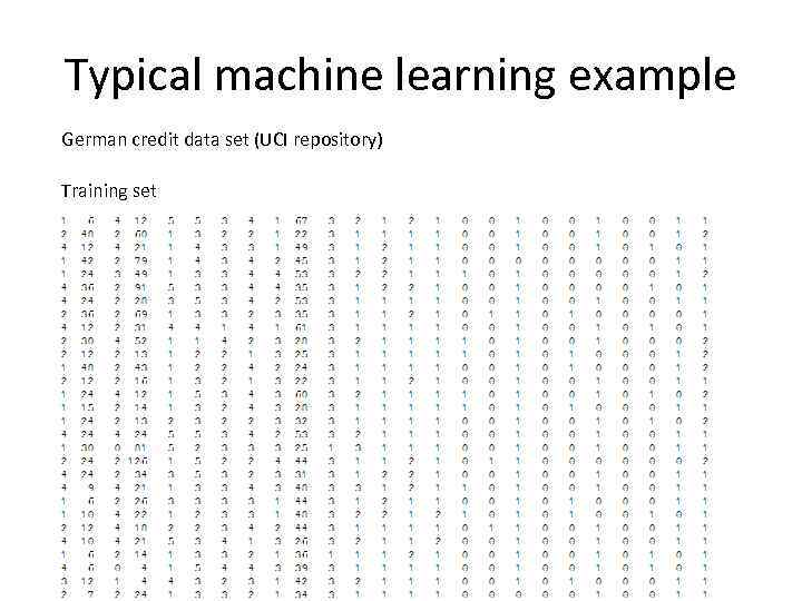Typical machine learning example German credit data set (UCI repository) Training set 