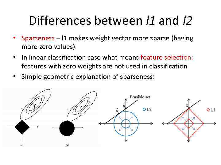 Differences between l 1 and l 2 • Sparseness – l 1 makes weight