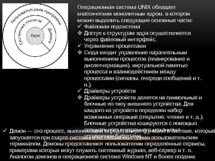 Операционная система UNIX обладает классическим монолитным ядром, в котором можно выделить следующие основные части: