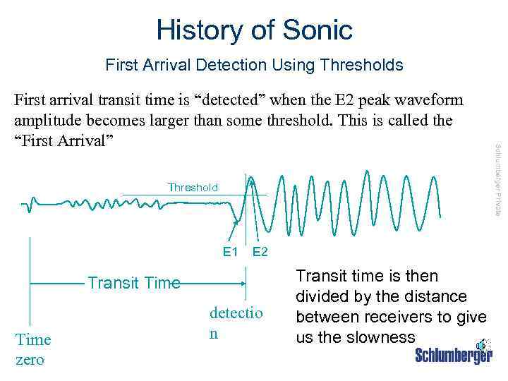 History of Sonic First Arrival Detection Using Thresholds Threshold E 1 E 2 Transit