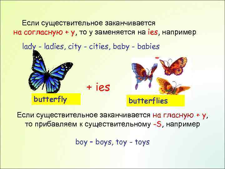 Если существительное заканчивается на согласную + y, то y заменяется на ies, например y