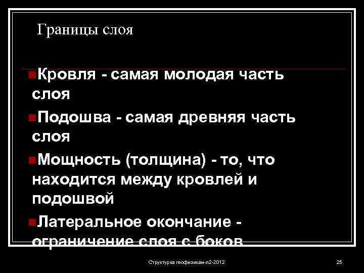 Границы слоя n. Кровля - самая молодая часть слоя n. Подошва - самая древняя