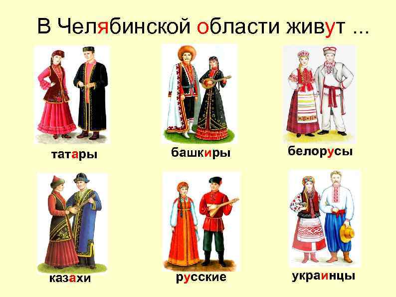 В Челябинской области живут. . . татары казахи башкиры белорусы русские украинцы 