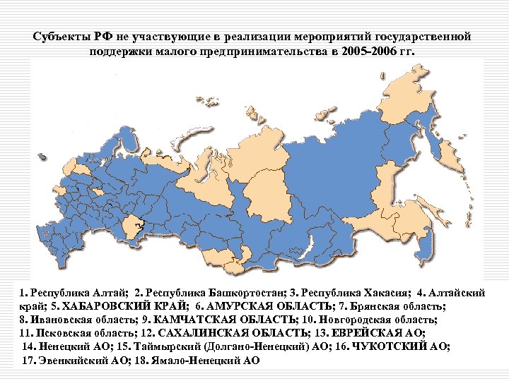 Субъекты РФ не участвующие в реализации мероприятий государственной поддержки малого предпринимательства в 2005 -2006