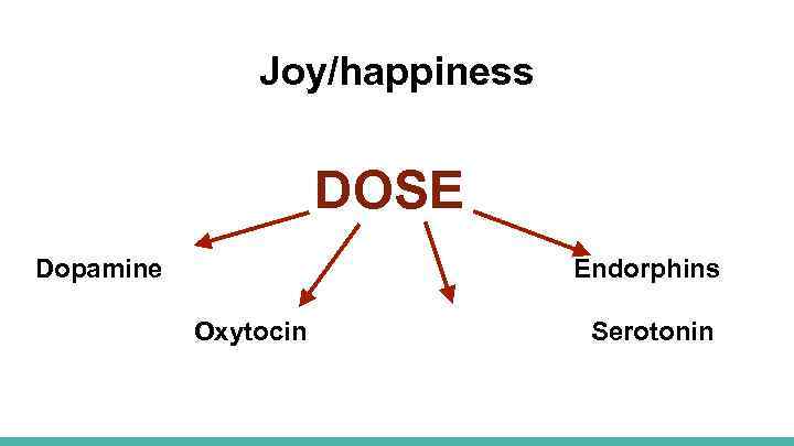 Joy/happiness DOSE Dopamine Endorphins Oxytocin Serotonin 