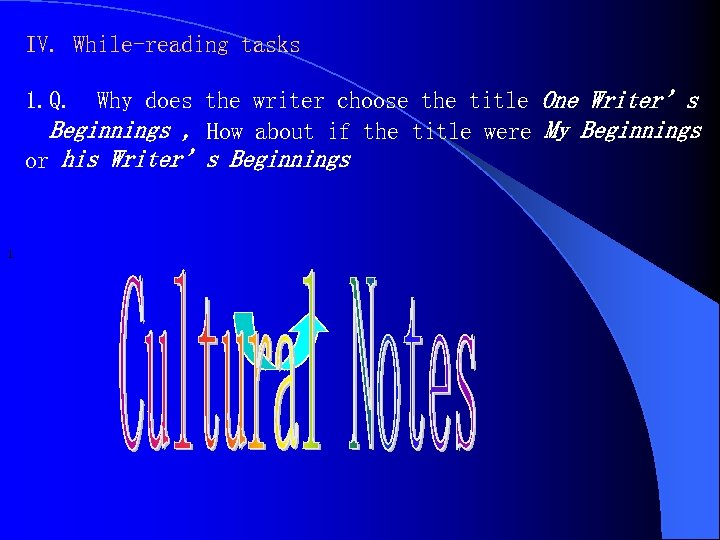 IV. While-reading tasks 1. Q. Why does the writer choose the title One Writer’s