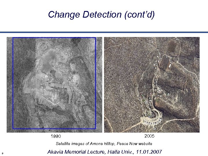 Change Detection (cont’d) 1990 2005 Satellite images of Amona hilltop, Peace Now website 9