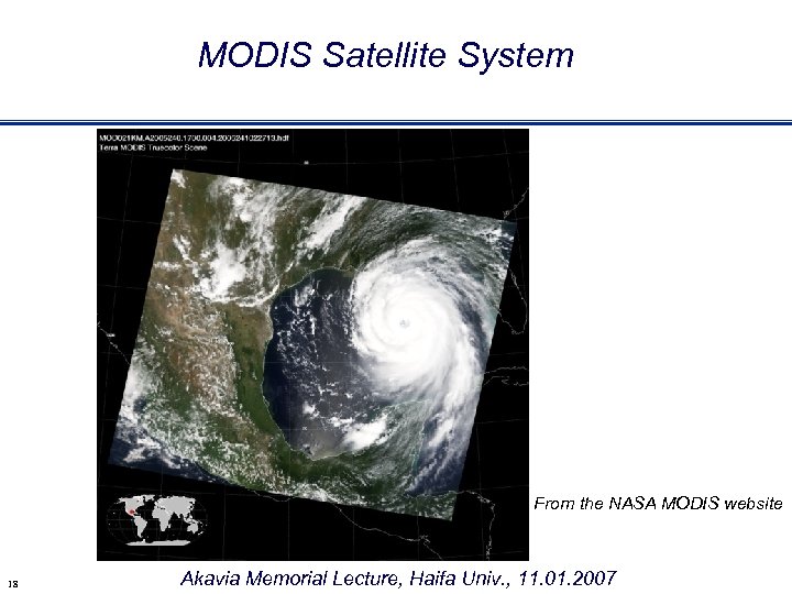 MODIS Satellite System From the NASA MODIS website 18 Akavia Memorial Lecture, Haifa Univ.