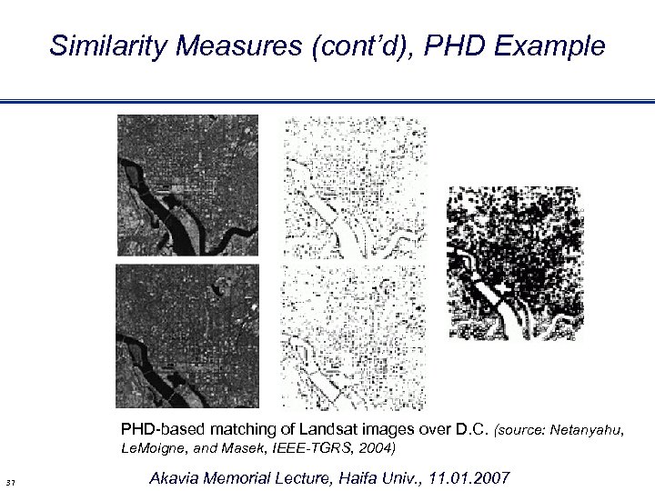 Similarity Measures (cont’d), PHD Example PHD-based matching of Landsat images over D. C. (source: