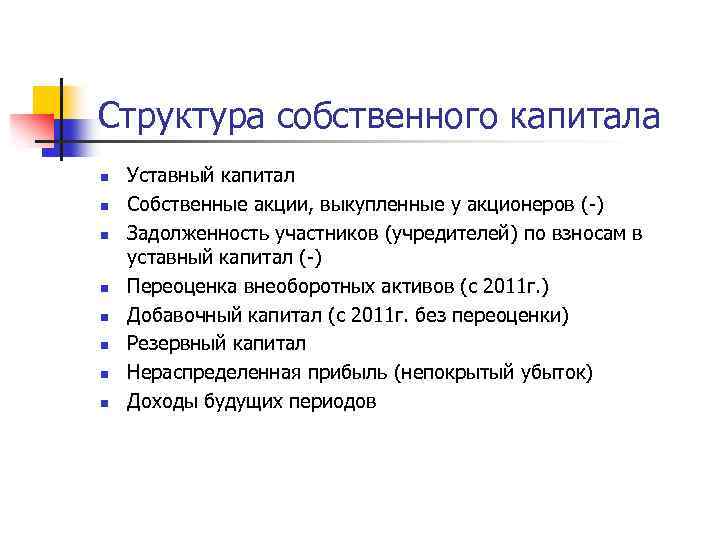 Структура собственного капитала n n n n Уставный капитал Собственные акции, выкупленные у акционеров